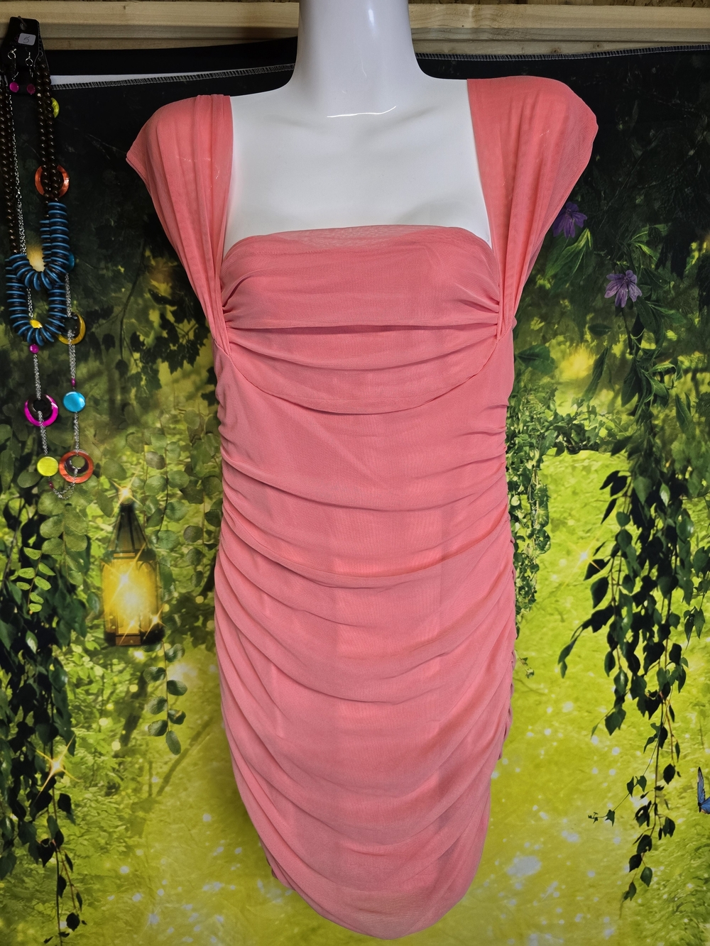 #125 Women’s Ruched Coral Pink Mini Cap-Sleeve Dress